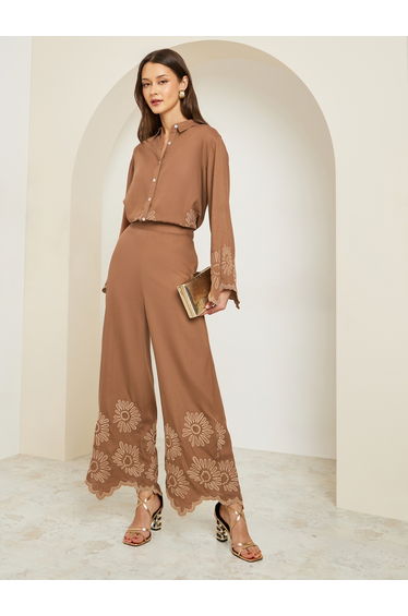 Women Brown Embroidered Wide Leg Trousers