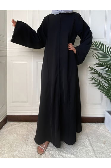 Black Solid Lace Trim A-Line Jalabiya