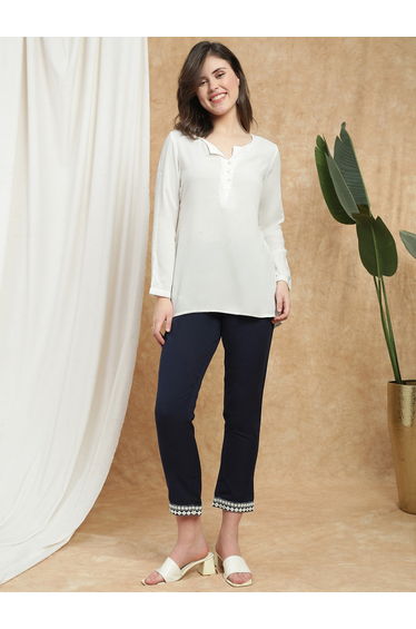 Women Navy Blue Embroidered Hem Pants