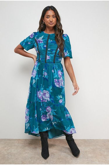 Printed Ruched Bodice Trim Detail High Low Hem Midi Dress