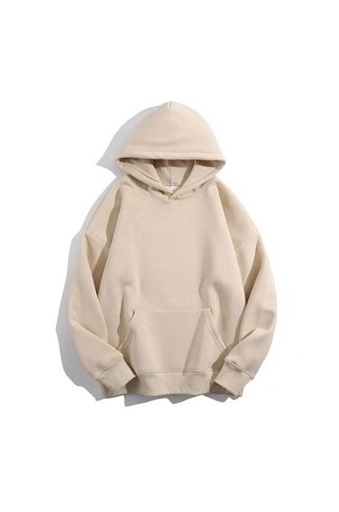 Women's 3 Yarn Beige Plain Oversize Hooded Sweatshirt Hodie
