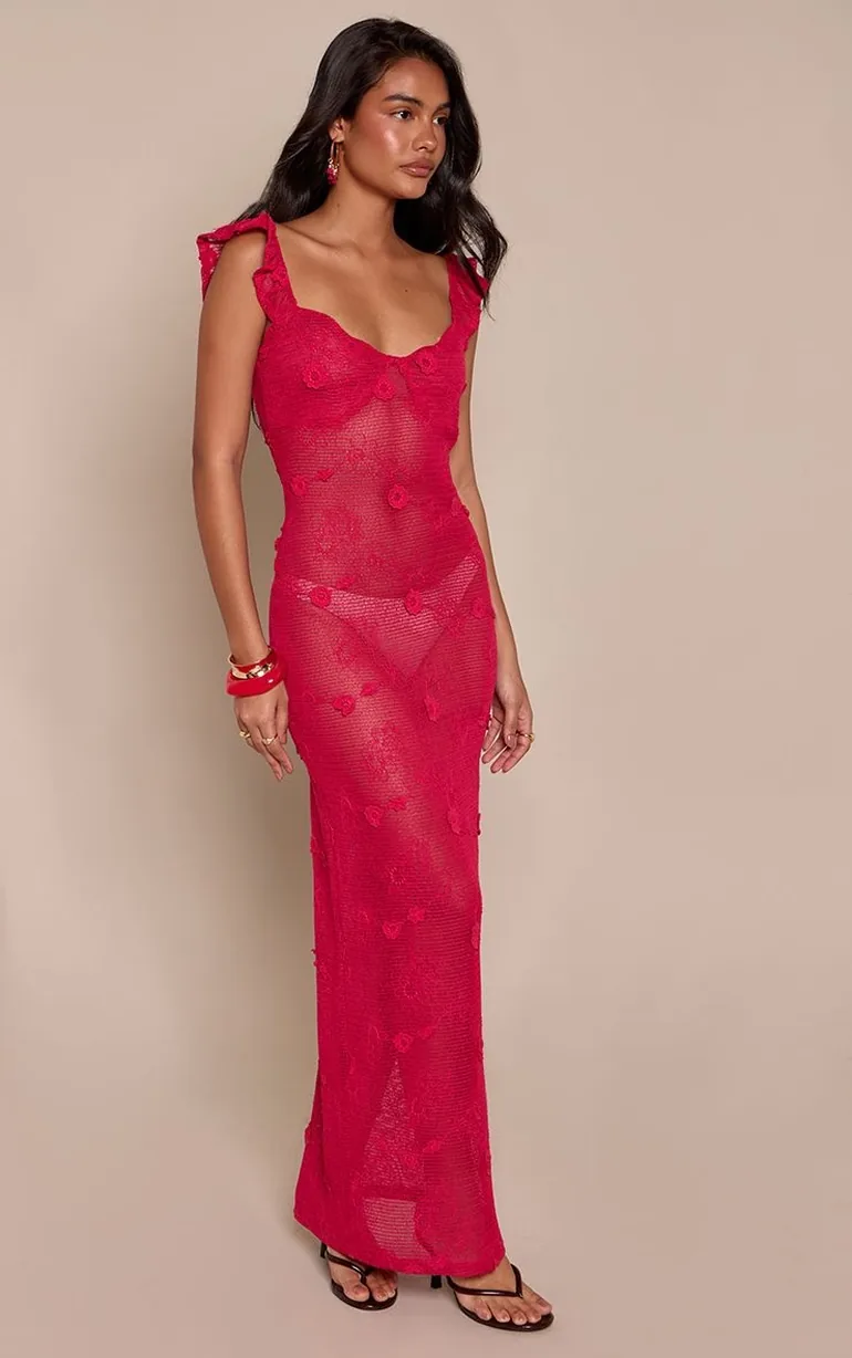 Fuschia Textured Frill Straps Maxi Dress - 2