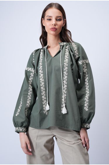 Khaki Hakim Collar Balloon Sleeve Embroidered Woven Blouse