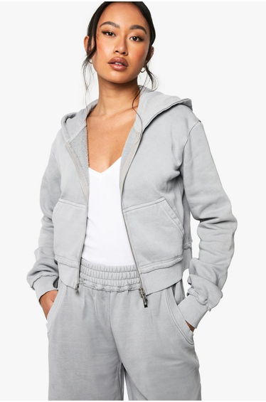 WASHED EXPOSED SEAM SHRUNKEN ZIP THROUGH HOODIE - grey