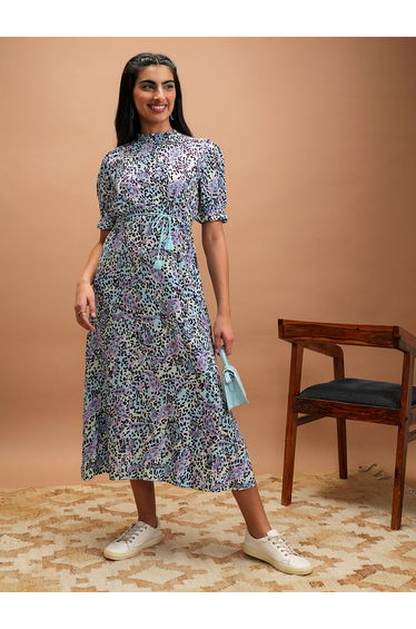 Women Floral Printed Puff Sleeves A-Line Midi Dress
