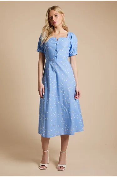 Spot Button Detail Puff Sleeve Midi Dress