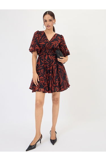 Black and Brown Leaf Printed Puff Sleeve Mini Dress