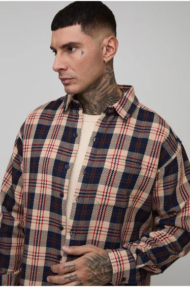Tall Oversized Club De Ski Embroidered Ribbed Check Overshirt - tan
