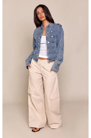 Petite Mid Blue Denim Military Jacket