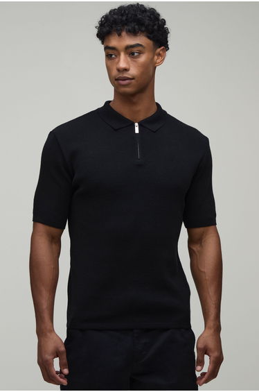 Muscle Fit Cotton Blend 1/4 Zip Knitted Polo - black