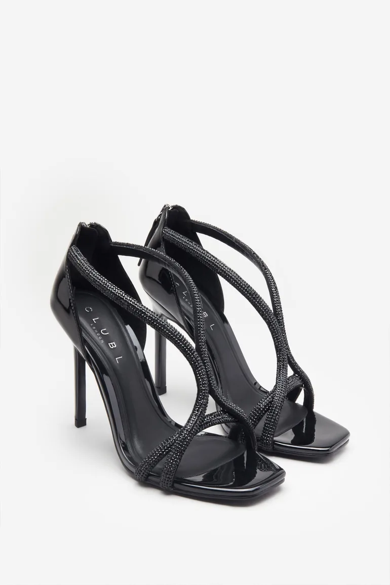 Pluto | Black Patent Diamante Heeled Sandals - 2