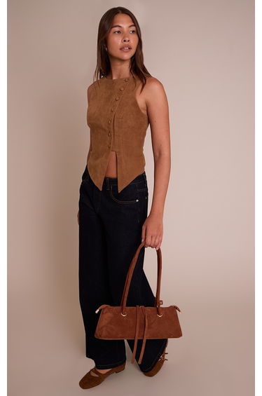 Tan Faux Suede Asymmetric Button Detail Waistcoat