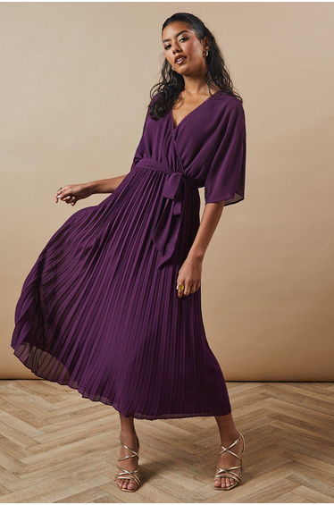 Petite Occasion Kimono Sleeve Pleated Midi Dress