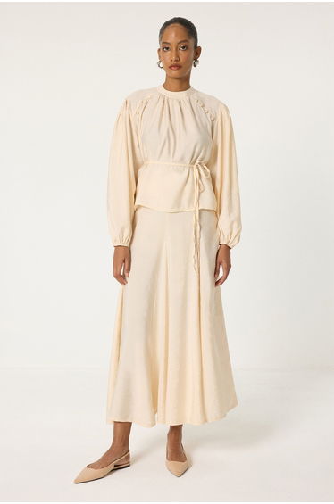 BELTED RUCHED NECK BLOUSE & SKIRT SET