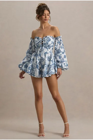 أفرول قصير بكشكش بأكتاف مكشوفة بطبعة بورسلين - أزرق