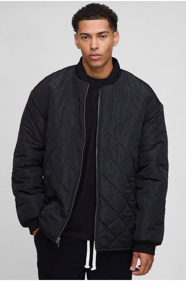 Oversized Fit Nylon Panel Borg Reversible Quilted Bomber Jacket - black