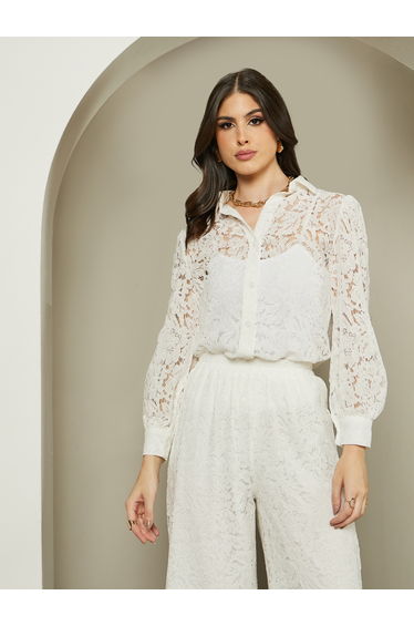 Textured Balloon Sleeve Spread Collar Lace Shirt