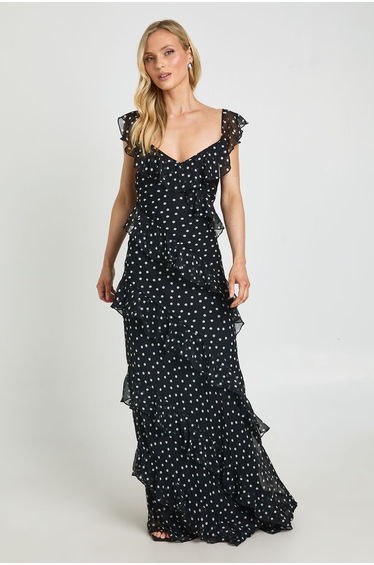 Petite Chiffon Ruffle Polka Dot Strappy Maxi Dress - black