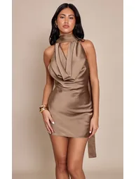 Dark Taupe Satin Cowl Neck Mini Dress - 5