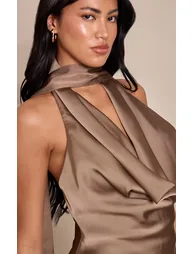 Dark Taupe Satin Cowl Neck Mini Dress - 3