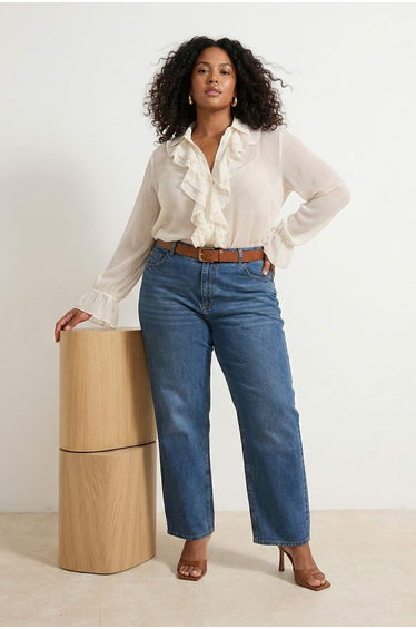 Blue Cut-Out Hem High Waist Straight Fit Plus Size Jeans