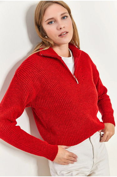 LUCCI Oversized Textured Knit Sweater with Zipper Collar