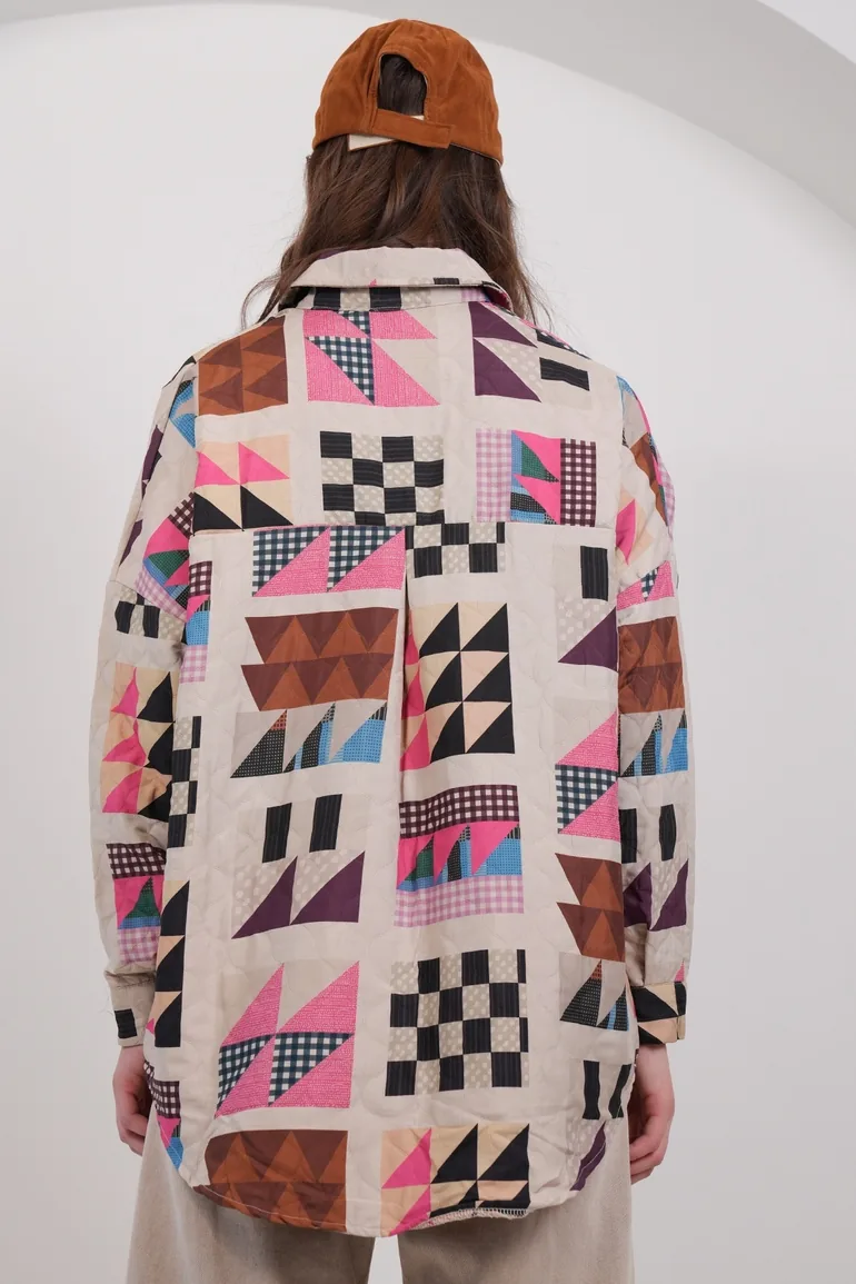 Women's Beige Double Pocket Oversized Quilted Shirt Jacket - 5