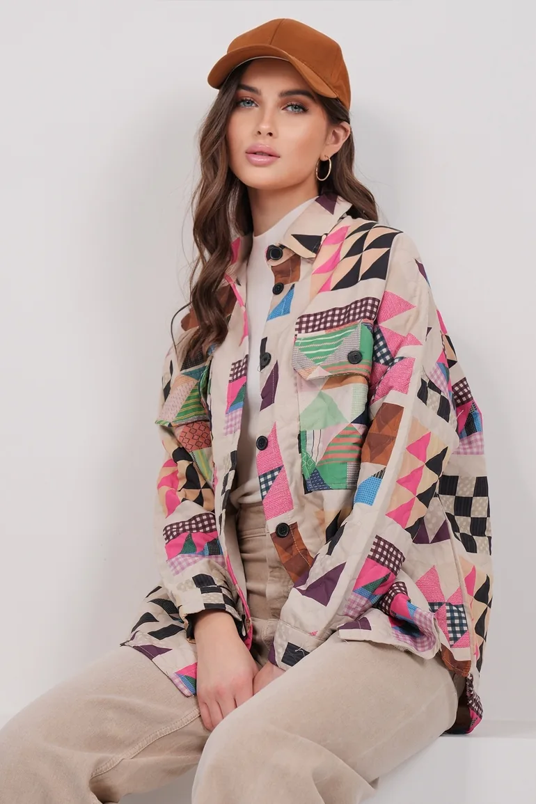 Women's Beige Double Pocket Oversized Quilted Shirt Jacket - 2