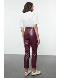 Claret Red Faux Leather Cigarette Zippered Woven Trousers - 5