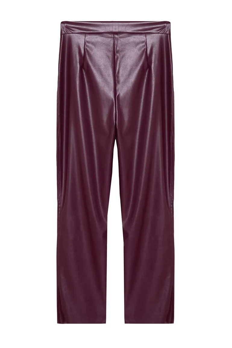 Claret Red Faux Leather Cigarette Zippered Woven Trousers - 7