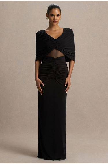 Zinnia | Black Cape-Sleeve Maxi Dress With Mesh Panel And Front-High Split
