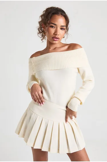 Button Detail Rib Knit Bardot Jumper - cream