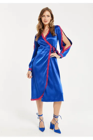 Women's Midi Dress with Long Sleeves in Royal Blue Satin .