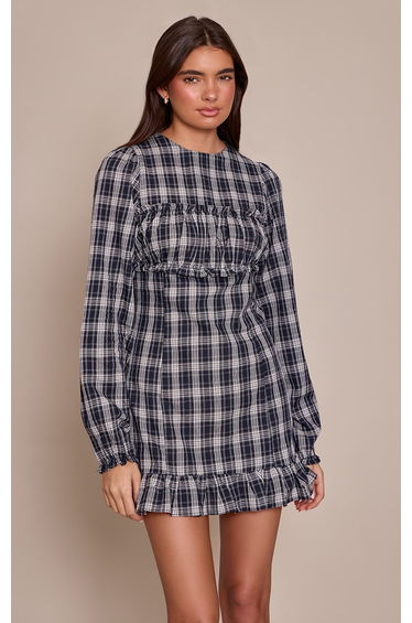 Navy Check Ruched Bust Long Sleeve Shift Dress
