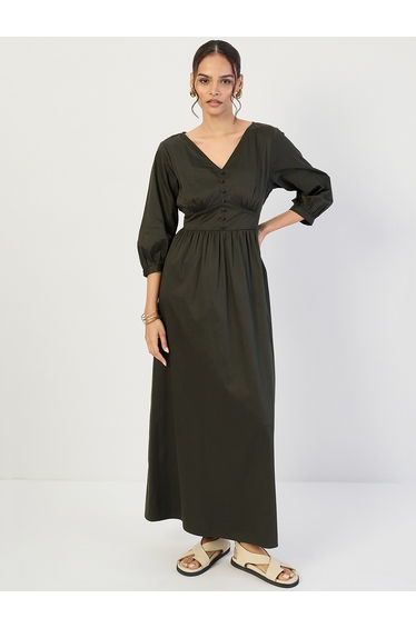 Olive Cotton Corset Detailing Maxi Dress