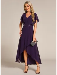 ever LILAS|Elegant Short Sleeves A-Line Waist Applique Formal Dress with Lotus Leaf Hem - 2
