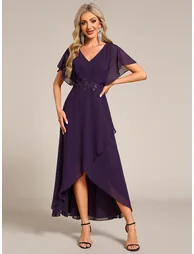 ever LILAS|Elegant Short Sleeves A-Line Waist Applique Formal Dress with Lotus Leaf Hem - 3