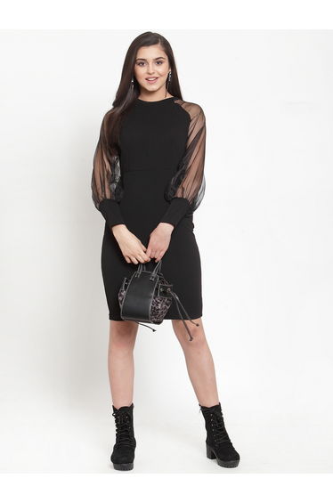 Solid Mesh Balloon Sleeve Sheath Mini Dress