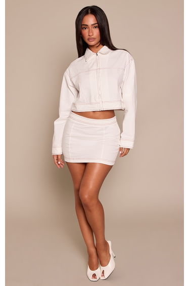 Petite Cream Contrast Stitching Zip Up Twill Jacket