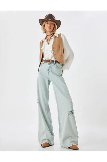 Ripped Jeans Low Waist Buttoned Wide Leg Cotton - Loose Straight Fit Jean