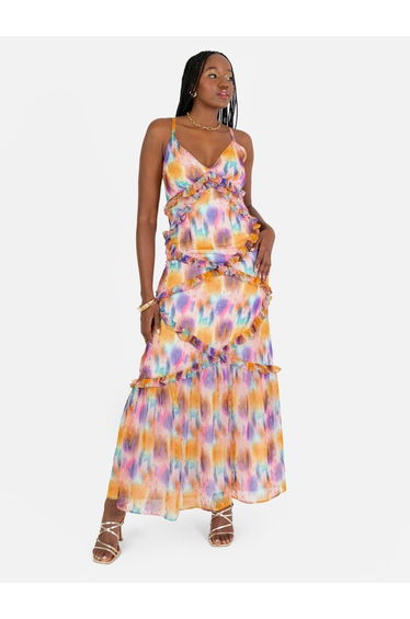Anaya With Love Recycled Strappy Maxi Dress with Frill & Metallic Flock Detail