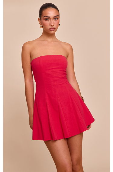 Red Bandeau Pleated Shift Dress