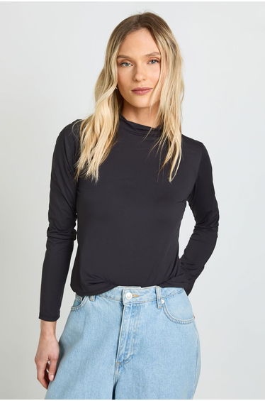 Petite Second Skin Crew Neck Long Sleeve Top - black