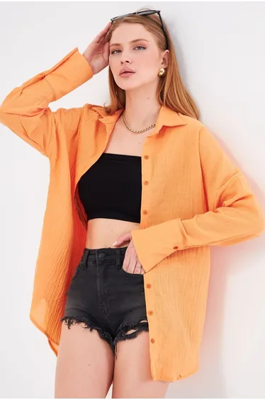 Women's Mustard Oversize Textured Linen Look Wide Cuff Shirt