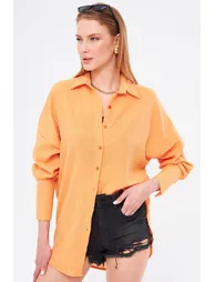 Women's Mustard Oversize Textured Linen Look Wide Cuff Shirt - 2