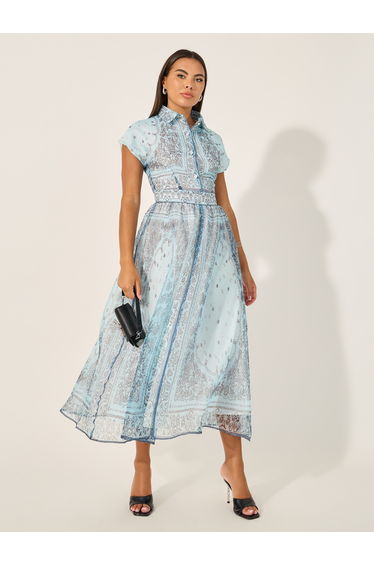 Blue Paisley Print with Collared Neck Dress