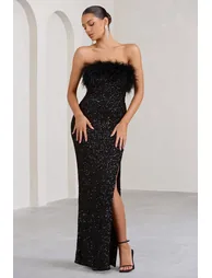 Old Money | Black Bodycon Sequin Maxi Dress With Feather Trim - 4