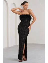 Old Money | Black Bodycon Sequin Maxi Dress With Feather Trim - 1