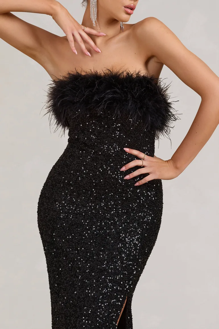 Old Money | Black Bodycon Sequin Maxi Dress With Feather Trim - 3