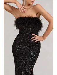 Old Money | Black Bodycon Sequin Maxi Dress With Feather Trim - 3